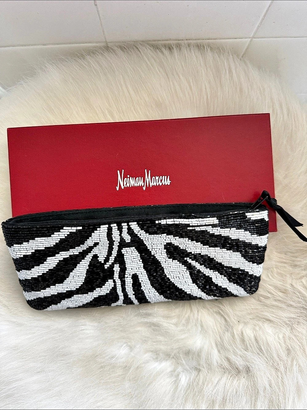 Neiman Marcus Beaded Zebra Print Mini Clutch Black & White